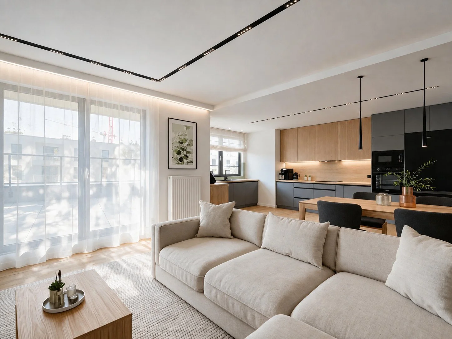 Wizualizacja salonu otwartego na kuchnię, z jasną sofą narożną i liniami światła w suficie